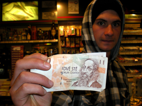 Liam inspects the local currency. As well as having a picture of a great beard, in Czech this note could be legally traded for anything from 1 barrel of beer to sexual intercourse with a prostitute to the chance to kick a midget.