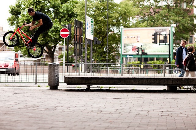 Warren, bench ride to barspin over the bin.  Dude bro on the right did not approve.