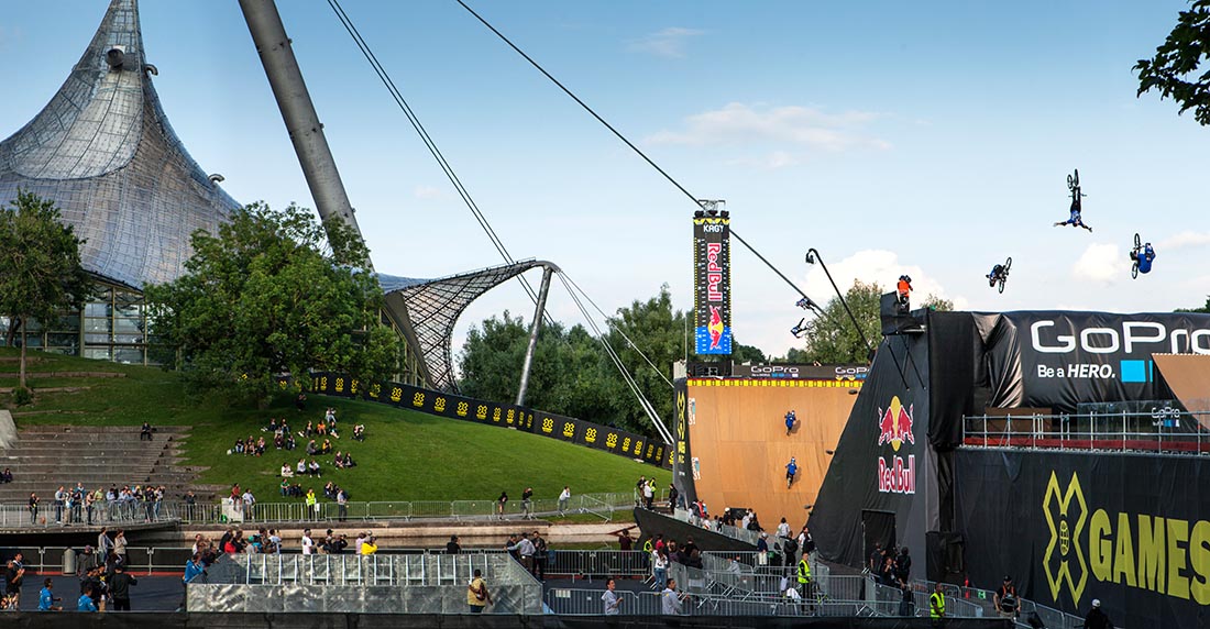 Event participants performing at X games Big Air in the Olympia park in Munich, Germany on the 28th of June 2013
