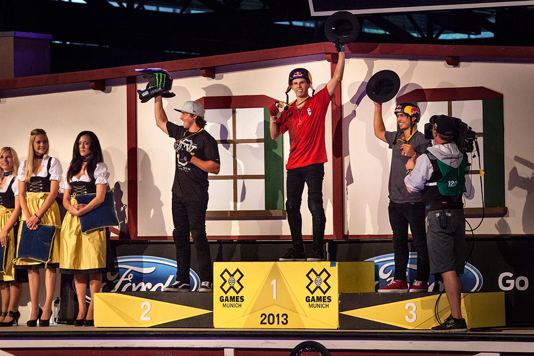 Daniel Dhers, Daniel Sandoval and Scotty Cranmer celebrating at X games in the Olympia park in Munich, Germany on the 29th of June 2013