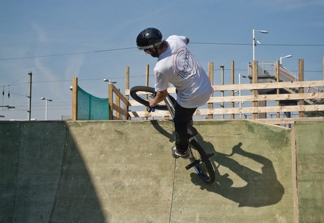 A vert ramp is ideal, although don’t worry about getting out of the coping just yet. The bigger transition will help you with your spin and make it easier to carve into it.