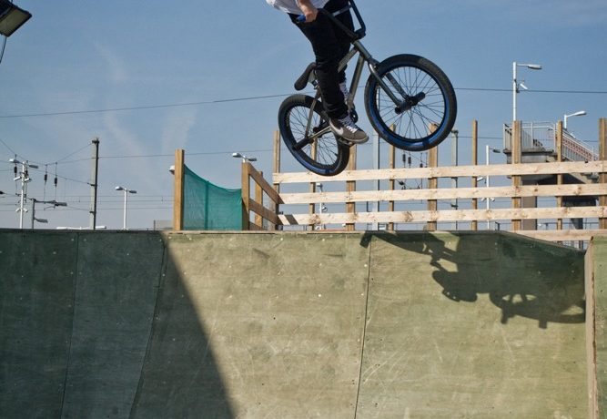 Once you’re comfortable with those, hit the ramp faster than you would for a 360 but not so fast that you lose control and go spiralling above the coping.