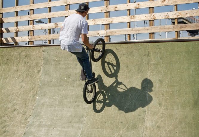 Carve into the ramp much the same as you would for a normal double peg grind. This time though, hit the quarter with a bit more speed.